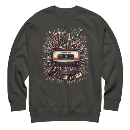 Vintage Black sweatshirt with a colorful graphic design of a cassette tape and music equipment on a white background