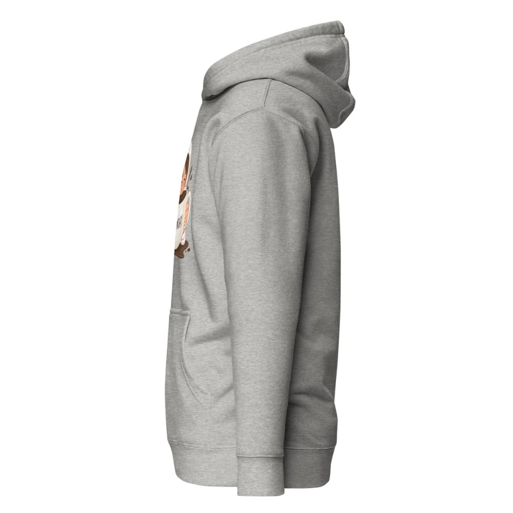 Gray hoodie with a small graphic on the chest against a white background