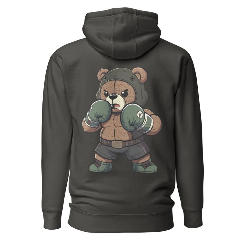 Dark gray hoodie with a bear wearing boxing gloves graphic on the back against a white background