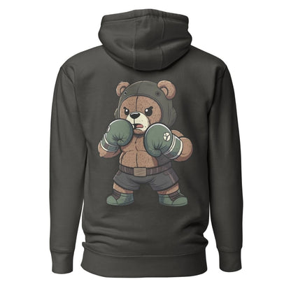 Dark gray hoodie with a bear wearing boxing gloves graphic on the back against a white background