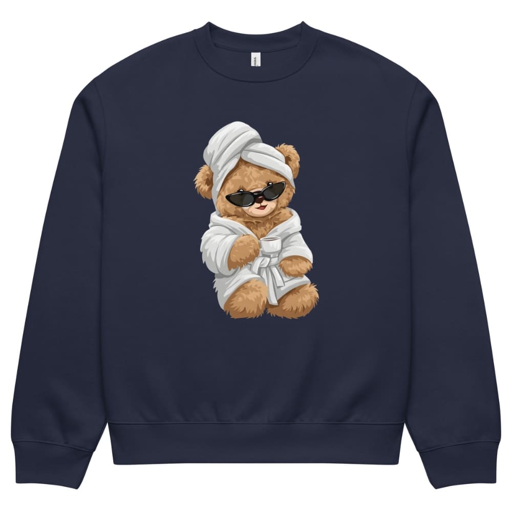 Navy blue sweatshirt with a teddy bear graphic wearing sunglasses, a bathrobe, and towel on a white background