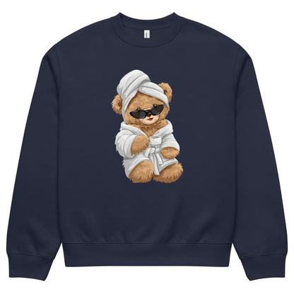 Navy blue sweatshirt with a teddy bear graphic wearing sunglasses, a bathrobe, and towel on a white background