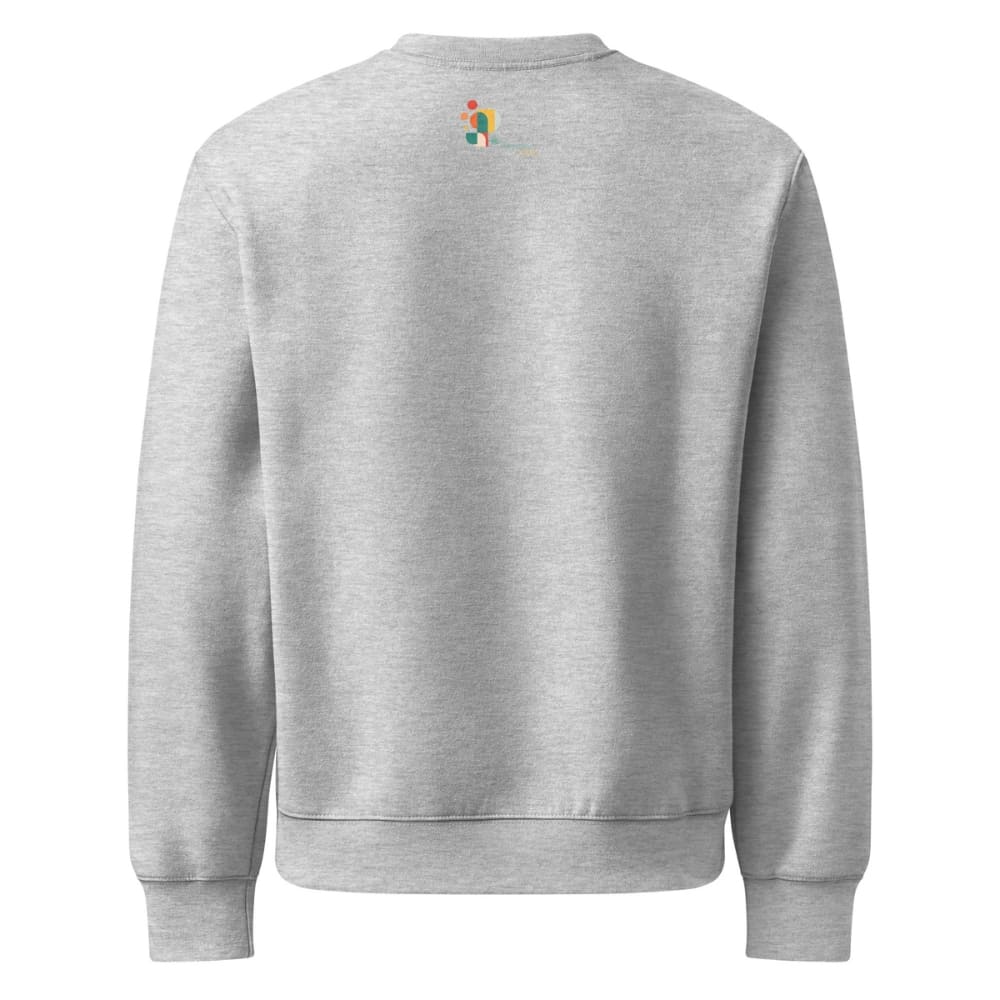 Gray sweatshirt with a colorful logo on the back against a white background