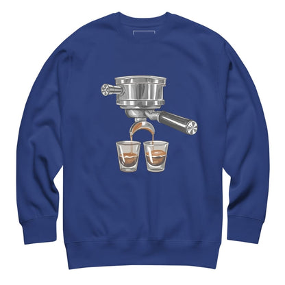 Blue sweatshirt with a coffee-themed graphic on a white background