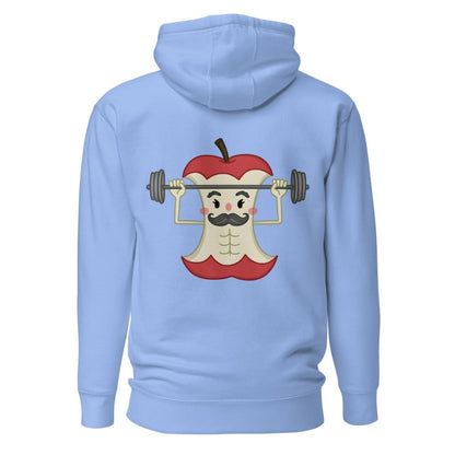 Light blue hoodie with a cartoon apple character lifting weights on the back, on a white background.