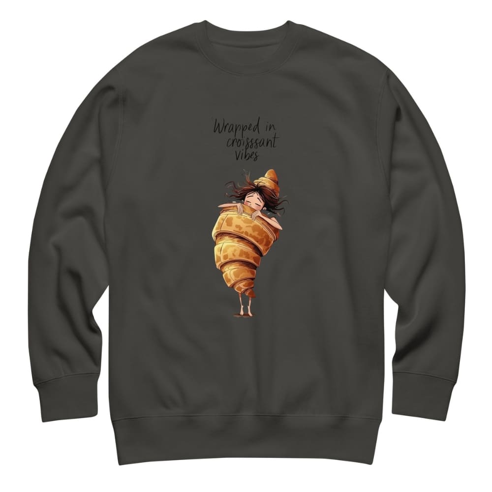 Dark gray sweatshirt with a croissant design and text on a white background