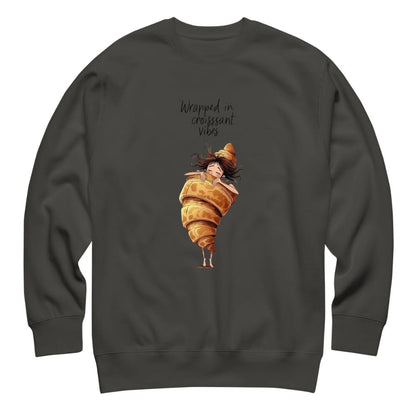 Dark gray sweatshirt with a croissant design and text on a white background