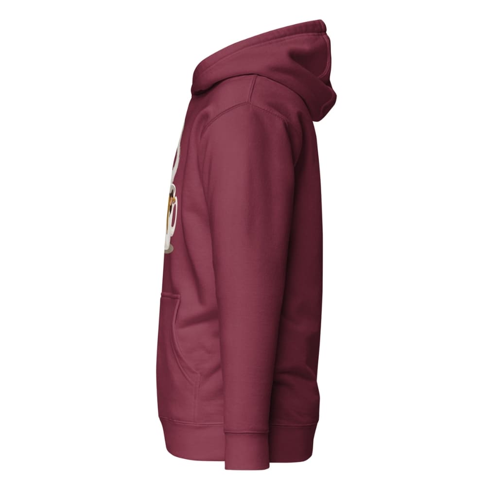 Maroon hoodie with a logo on the chest against a white background