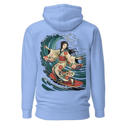 Light blue hoodie with a colorful graphic of a woman in a kimono on the back, on a white background.
