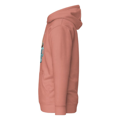 Side view of a pink hoodie with a small graphic on a white background