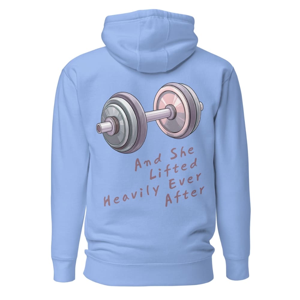 Light blue hoodie with a graphic of a barbell and text on the back against a white background
