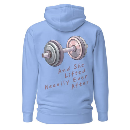 Light blue hoodie with a graphic of a barbell and text on the back against a white background