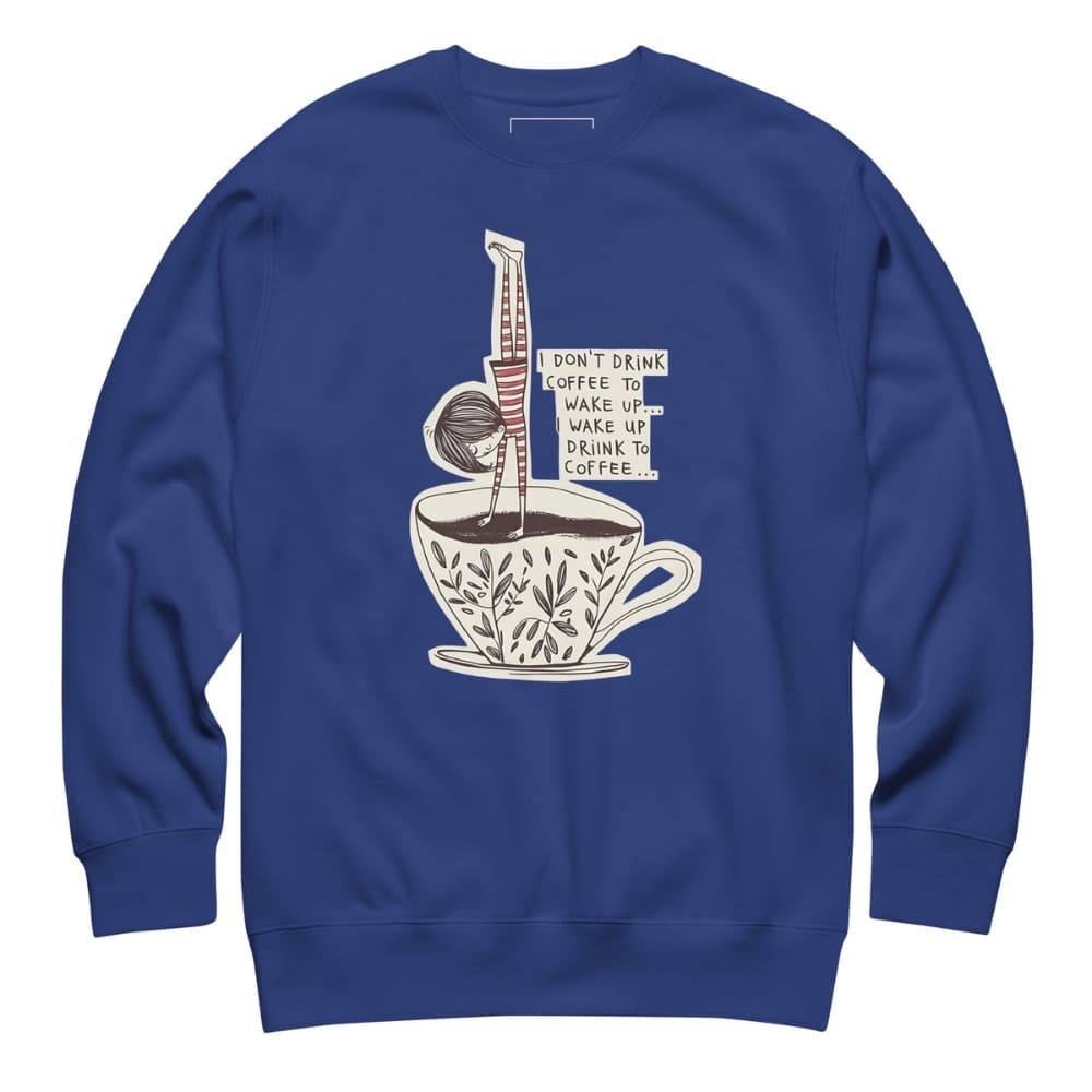 Blue sweatshirt with a coffee-themed graphic on a white background
