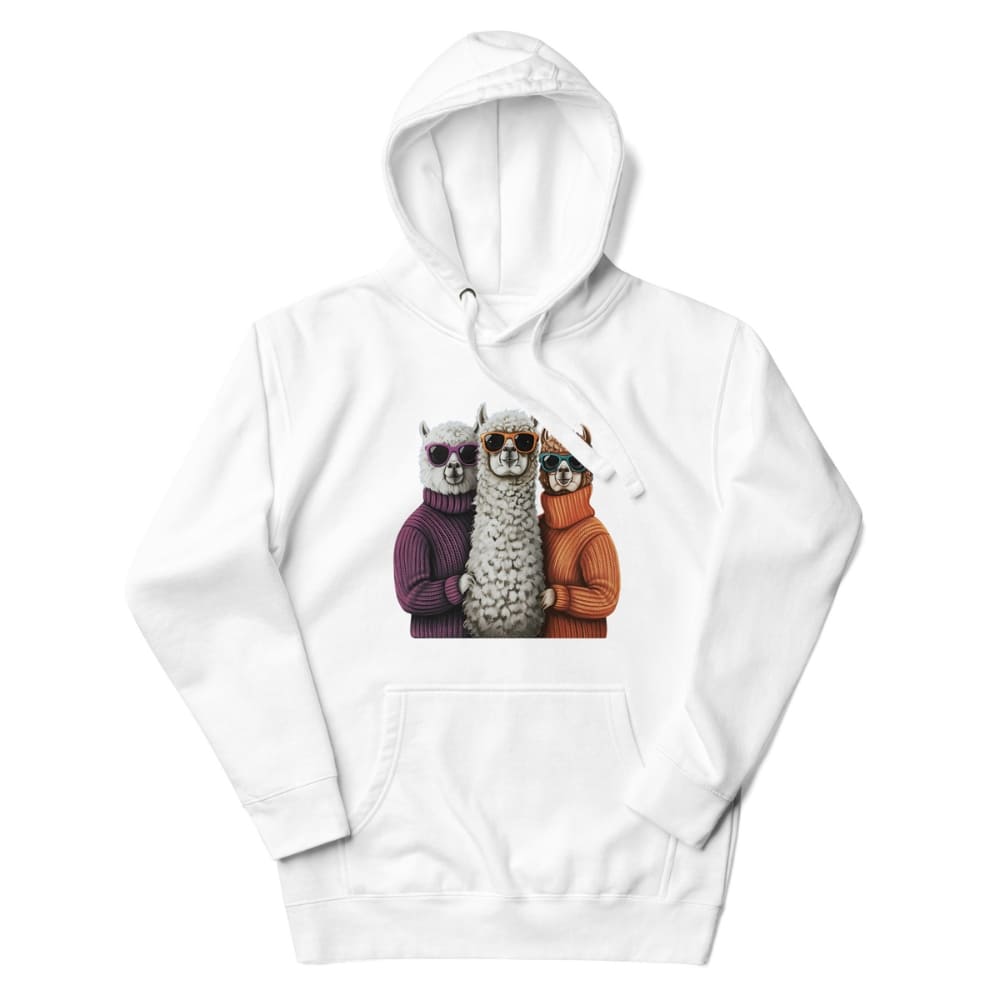 White hoodie with a graphic of three animals wearing colorful sweaters on a white background