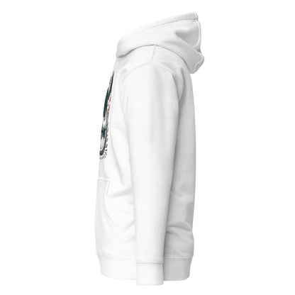 White hoodie with a graphic design on the sleeve against a white background
