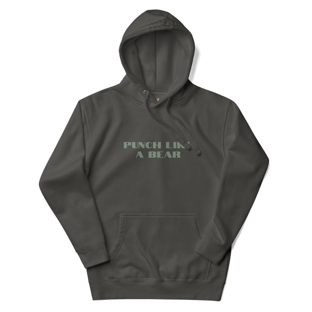 Dark gray hoodie with 'Punch Like a Bear' text on a white background