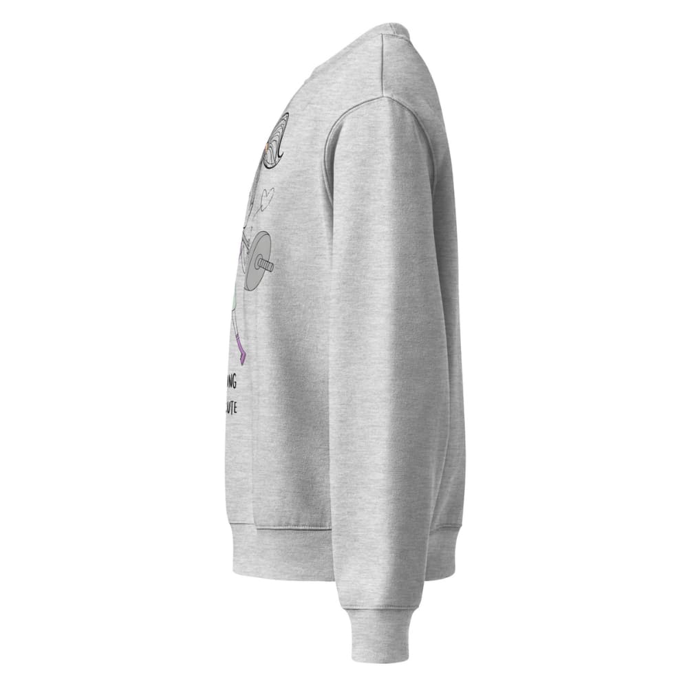 Gray hoodie with a graphic design on the sleeve against a white background
