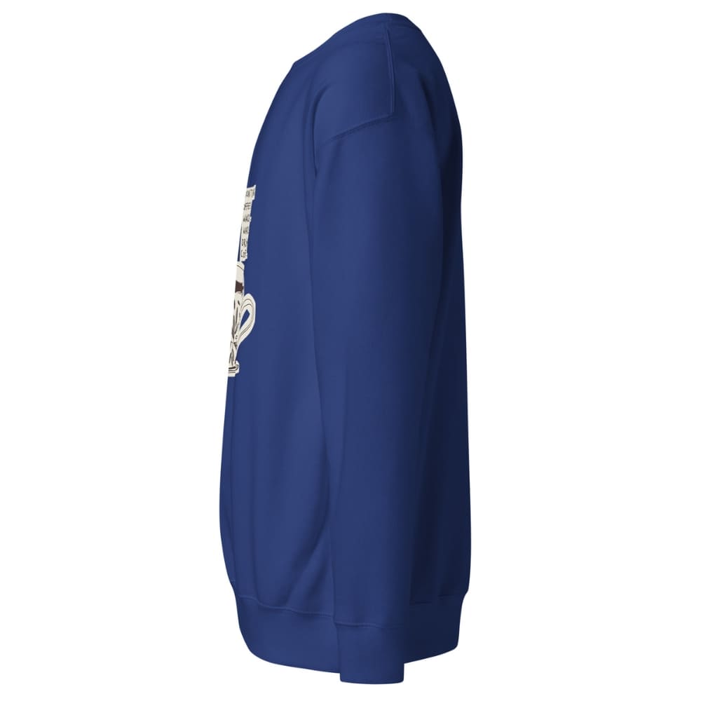 Blue sweatshirt with white text on sleeve against a white background