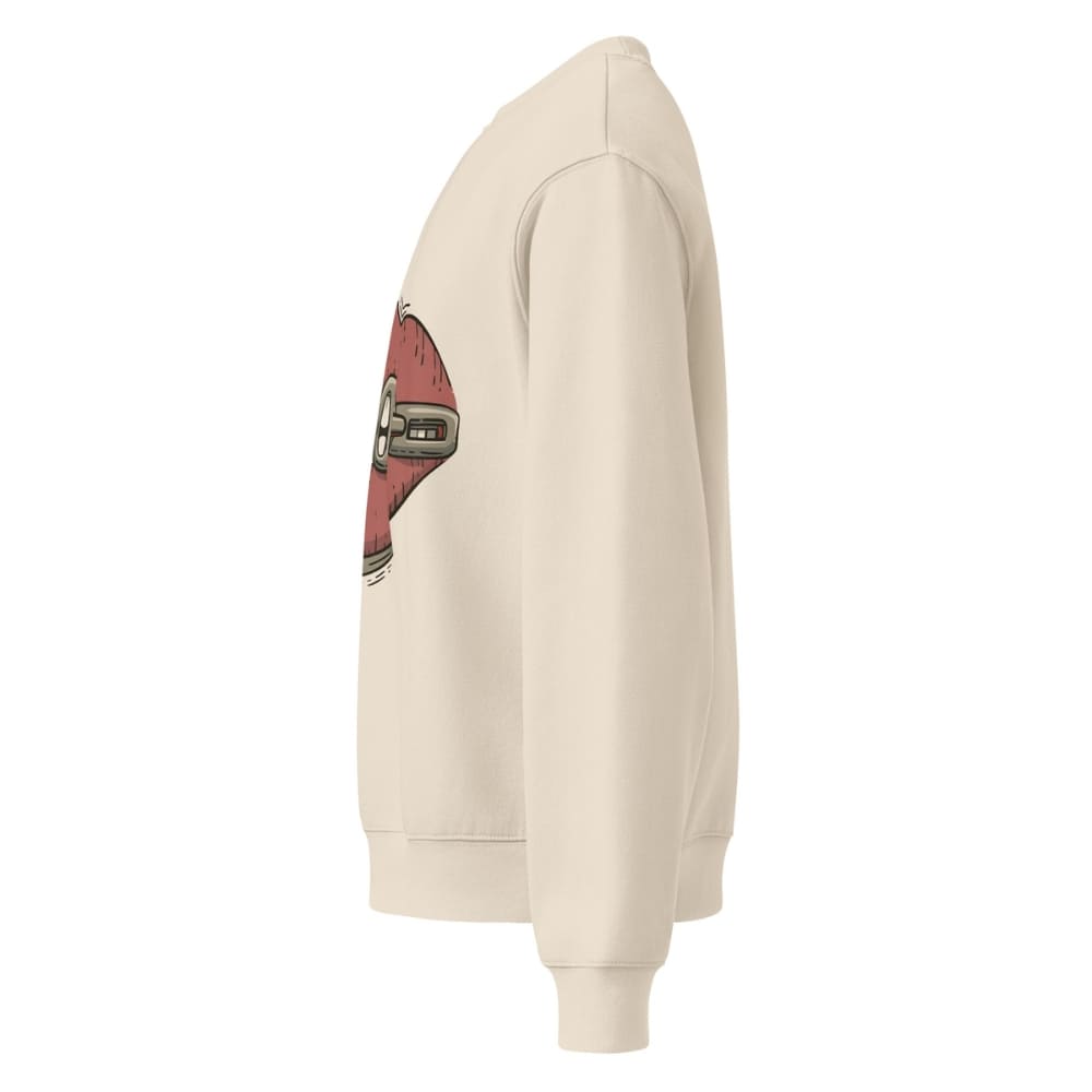 Beige hoodie with a graphic design on the sleeve against a white background