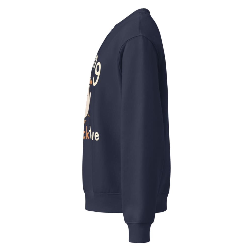 Navy blue sweatshirt with colorful text and graphics on a white background