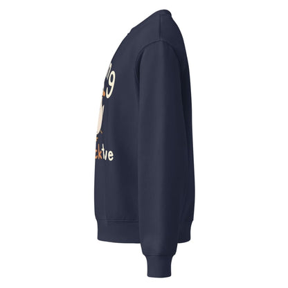 Navy blue sweatshirt with colorful text and graphics on a white background