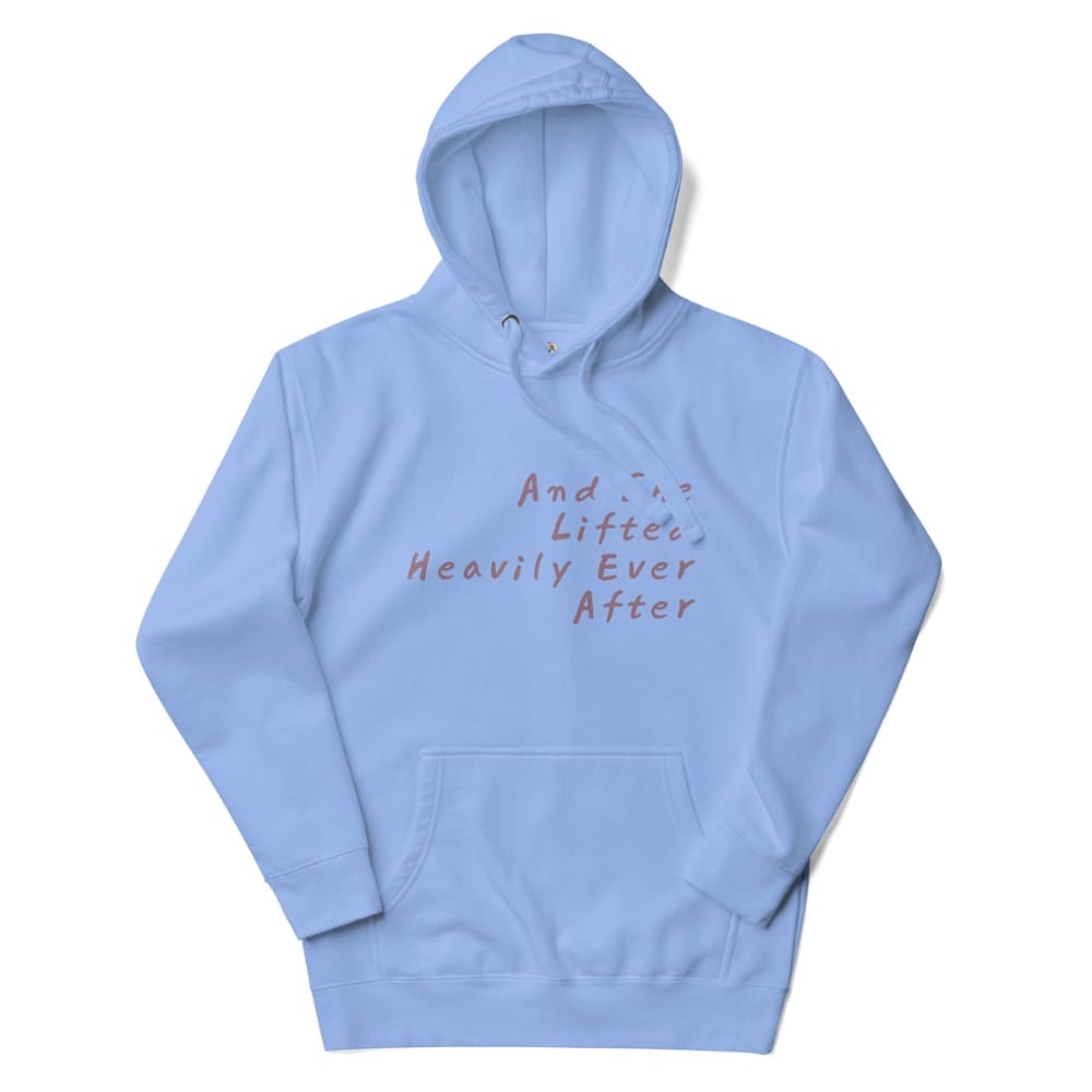 Light blue hoodie with text on a white background