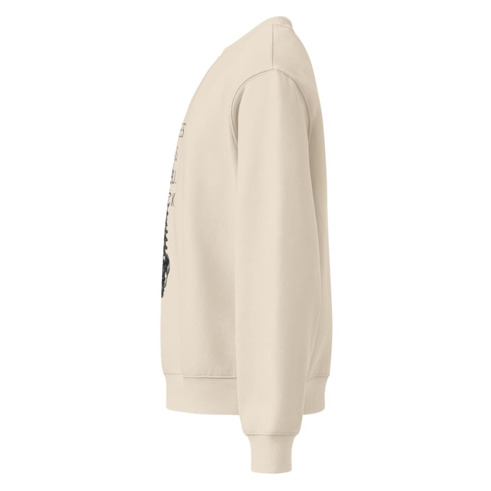 Beige hoodie with a graphic design on the sleeve against a white background