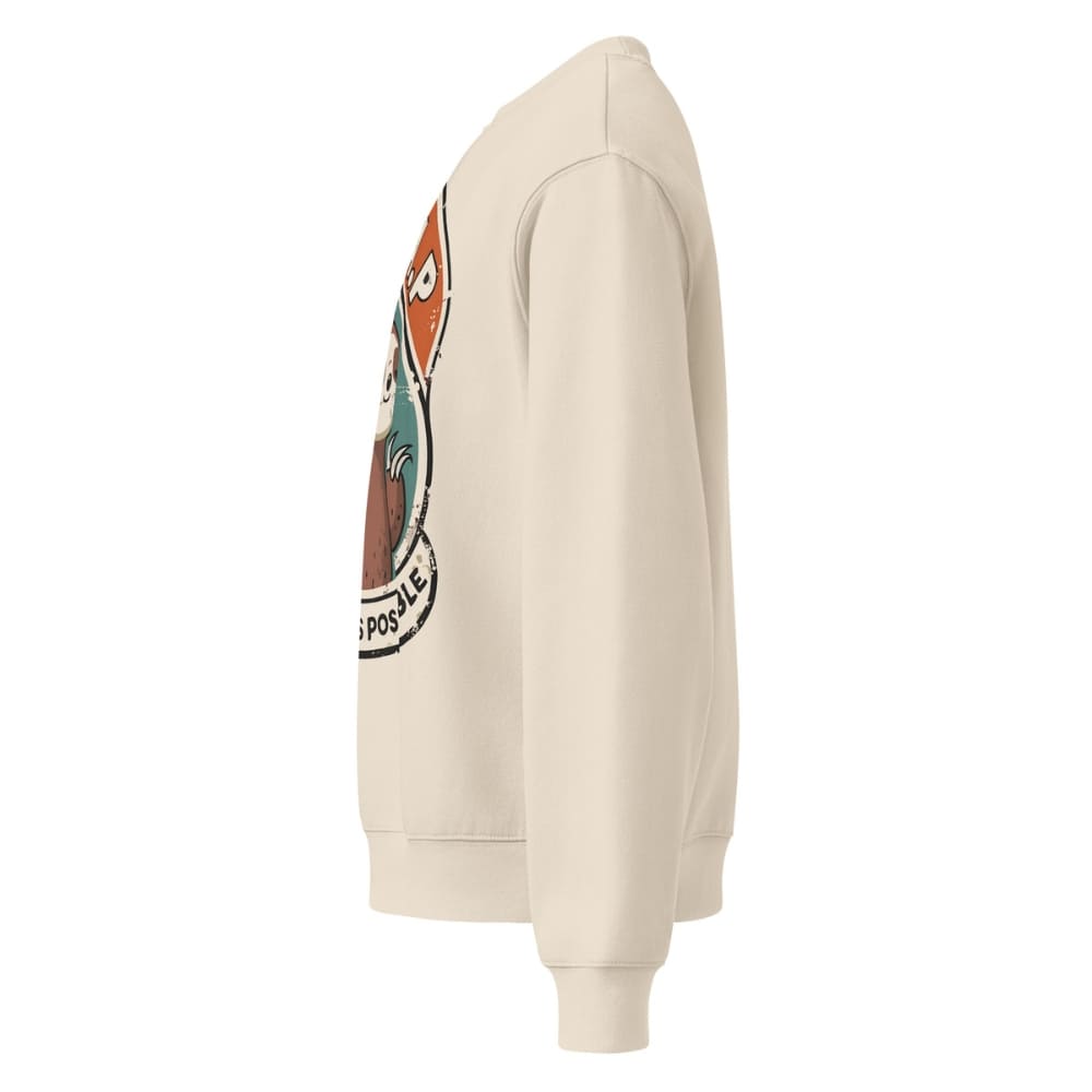 Beige hoodie with a colorful graphic on the sleeve against a white background