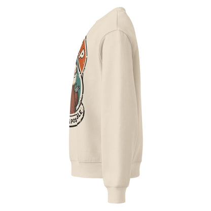 Beige hoodie with a colorful graphic on the sleeve against a white background
