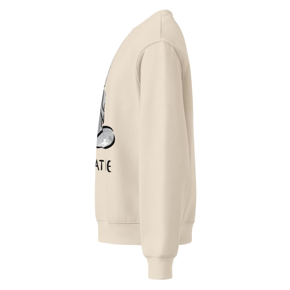 Beige hoodie with graphic design on the back against a white background