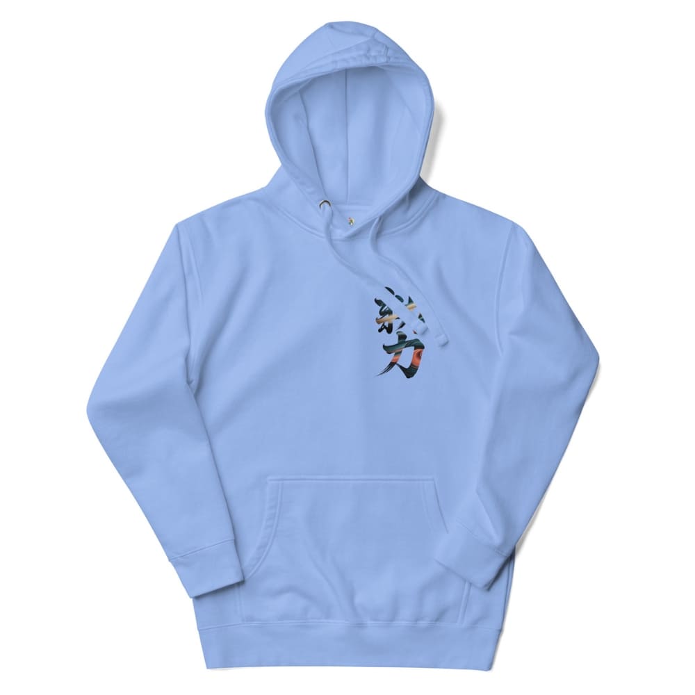 Light blue hoodie with a graphic design on the chest against a white background