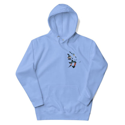 Light blue hoodie with a graphic design on the chest against a white background