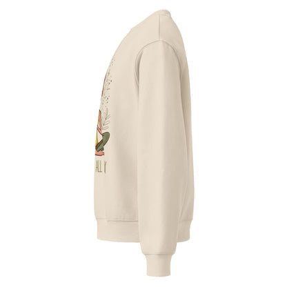 Beige hoodie with a graphic design on the sleeve against a white background
