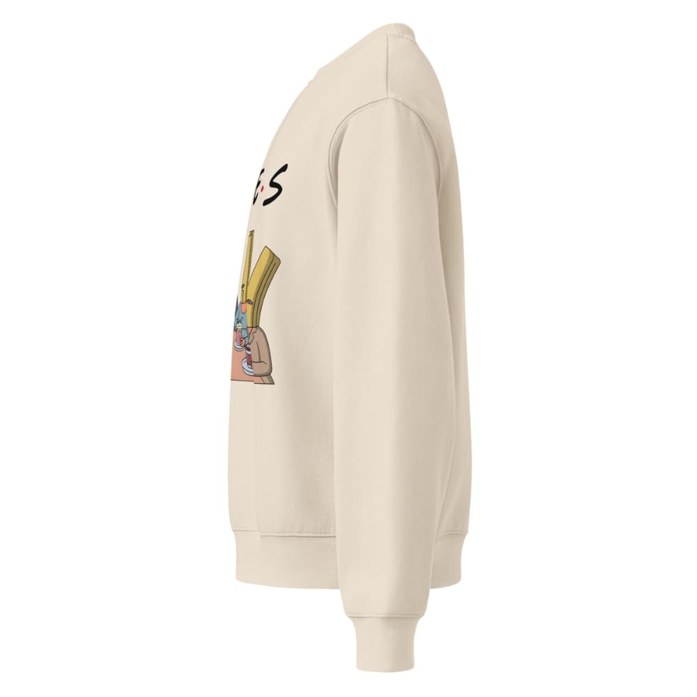 Beige hoodie with cartoon design on a white background