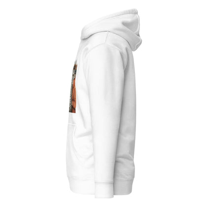 White hoodie with a colorful graphic on the sleeve against a white background