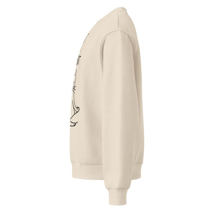 Beige hoodie with a graphic design on the sleeve against a white background