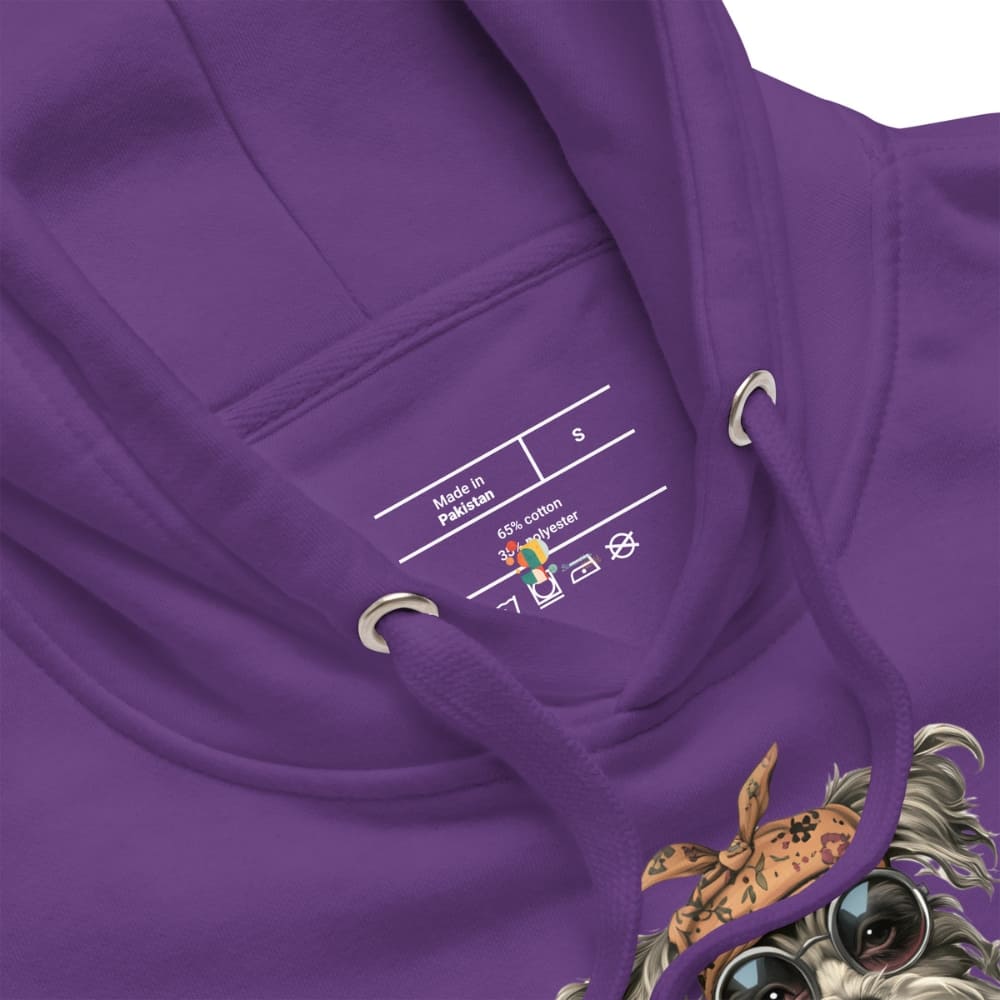 Purple hoodie with a graphic design on the sleeve and brand label.