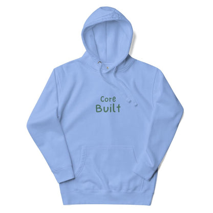Light blue hoodie with 'Core Built' text on a white background