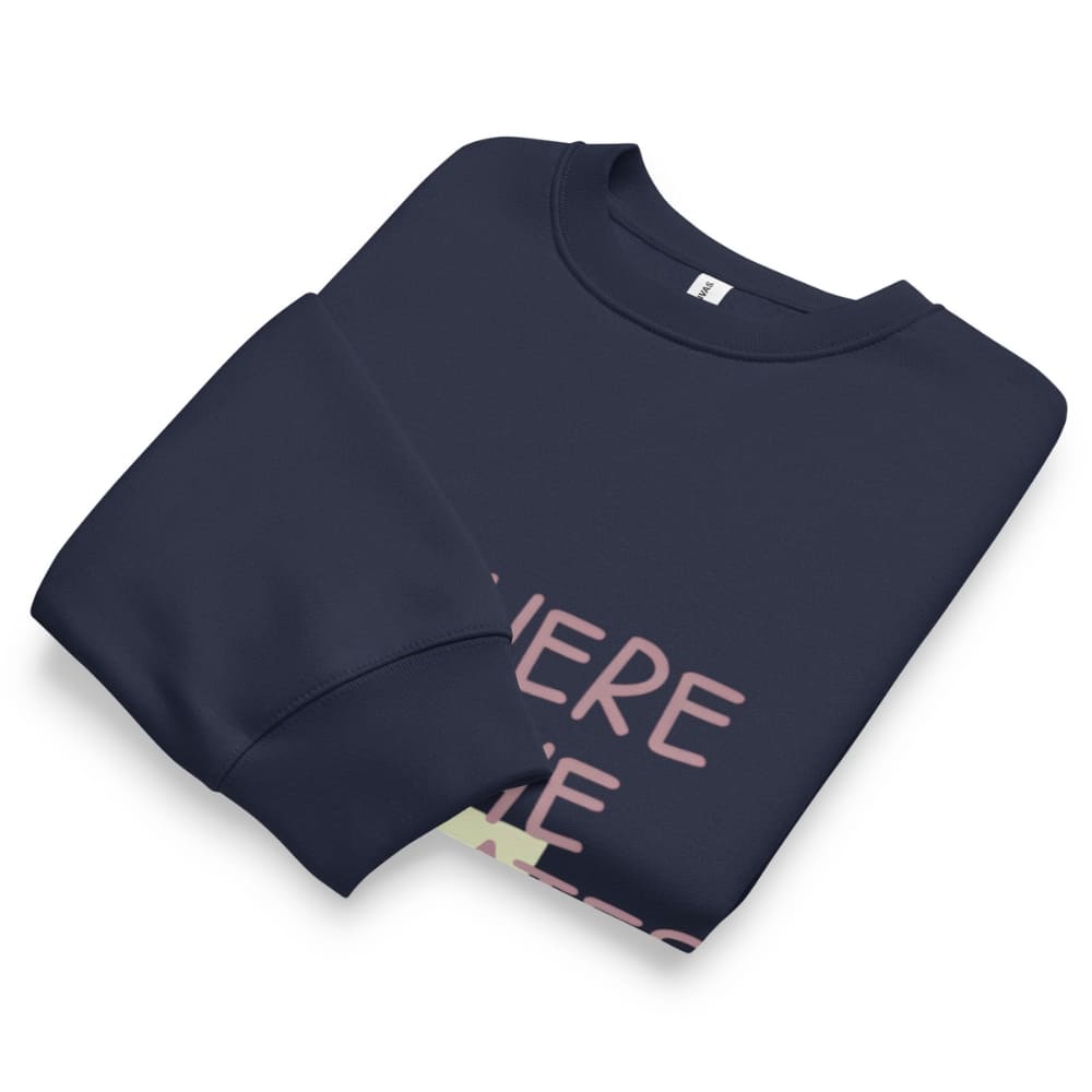 Folded navy blue sweatshirt with text on a white background