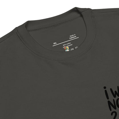 Black t-shirt with text on the collar area