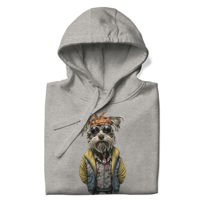 Gray hoodie with a dog graphic wearing sunglasses and a jacket on a white background