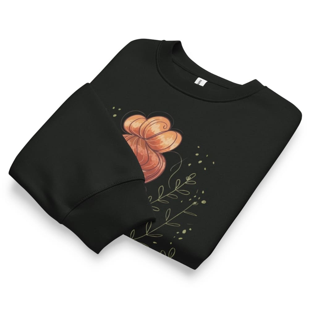 Black sweatshirt with a floral design on a white background