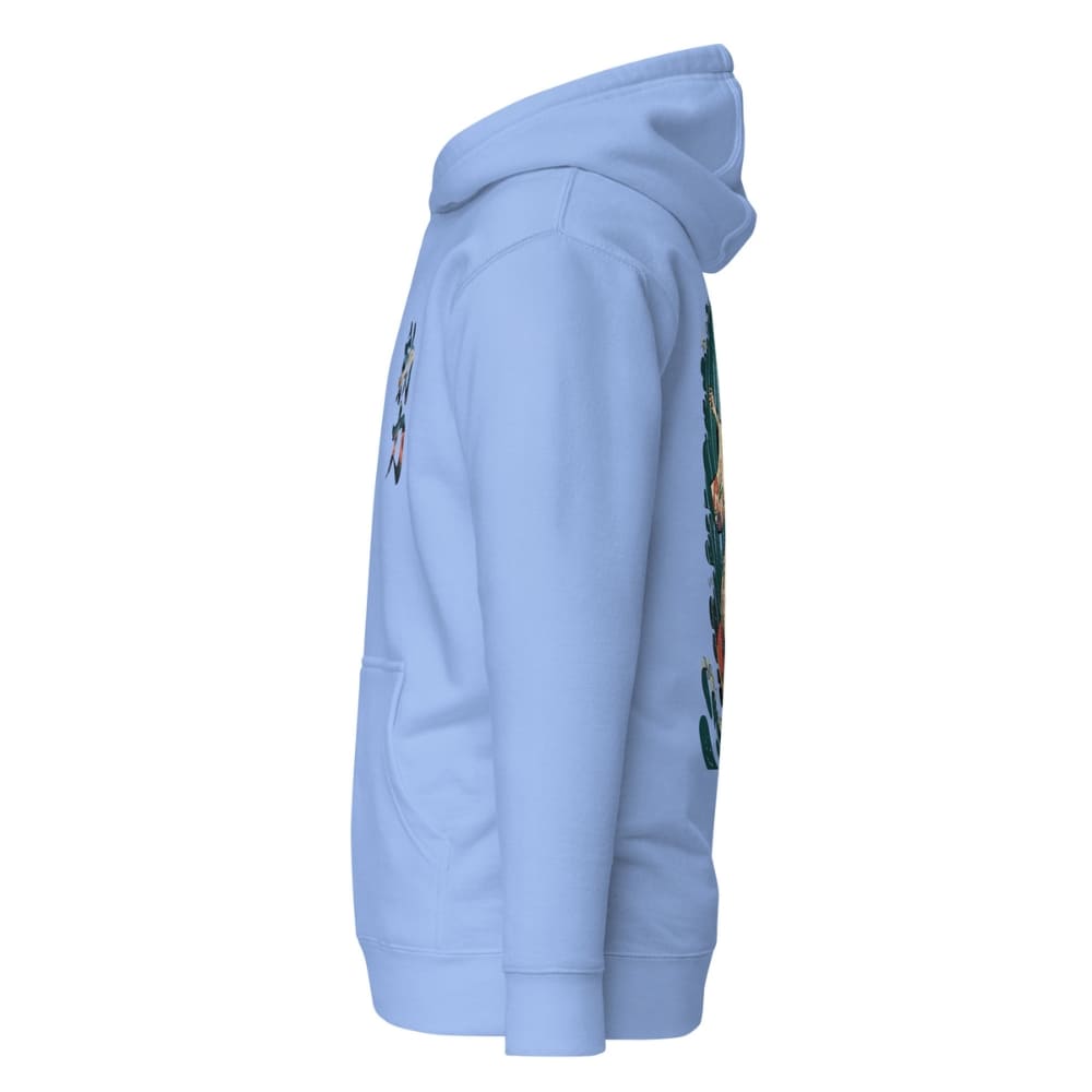 Light blue hoodie with colorful designs on the sleeves against a white background