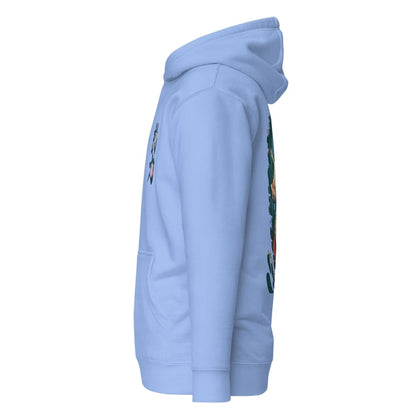 Light blue hoodie with colorful designs on the sleeves against a white background