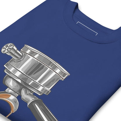 Blue t-shirt with a silver espresso machine graphic on a white background