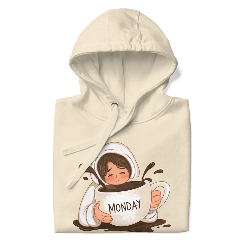 Beige hoodie with a graphic of a person holding a 'Monday' coffee cup on a white background