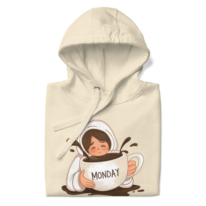 Beige hoodie with a graphic of a person holding a 'Monday' coffee cup on a white background