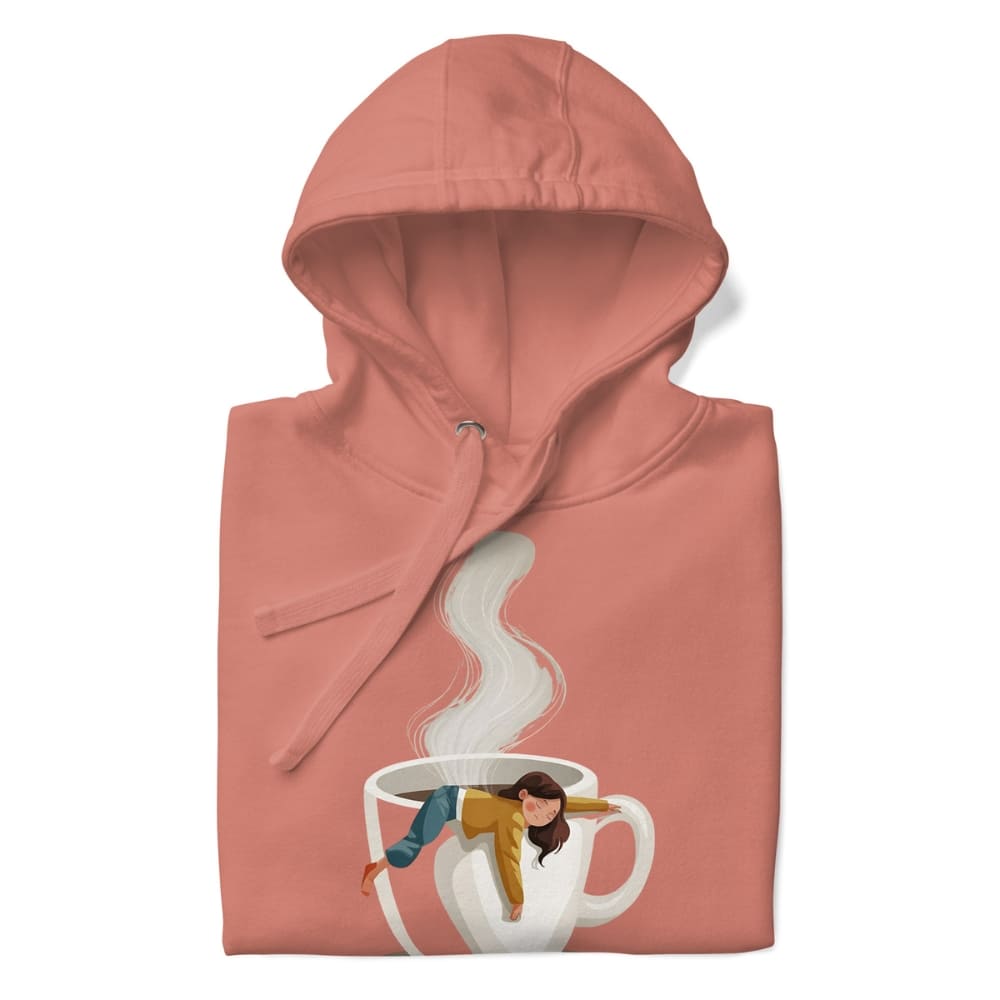 Pink hoodie with a graphic of a person in a coffee cup on a white background