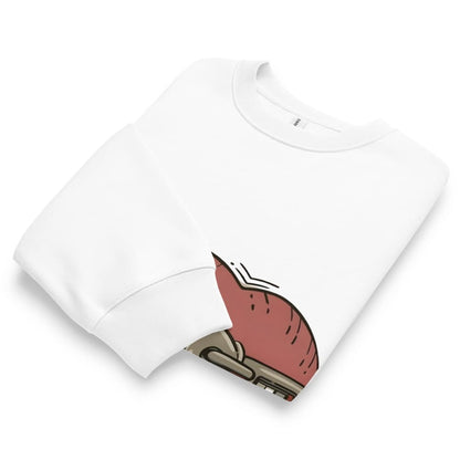White t-shirt with a red and brown graphic design on a white background