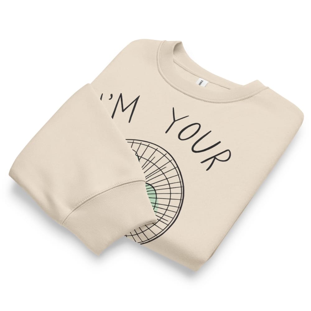 Beige sweatshirt with text and design on a white background